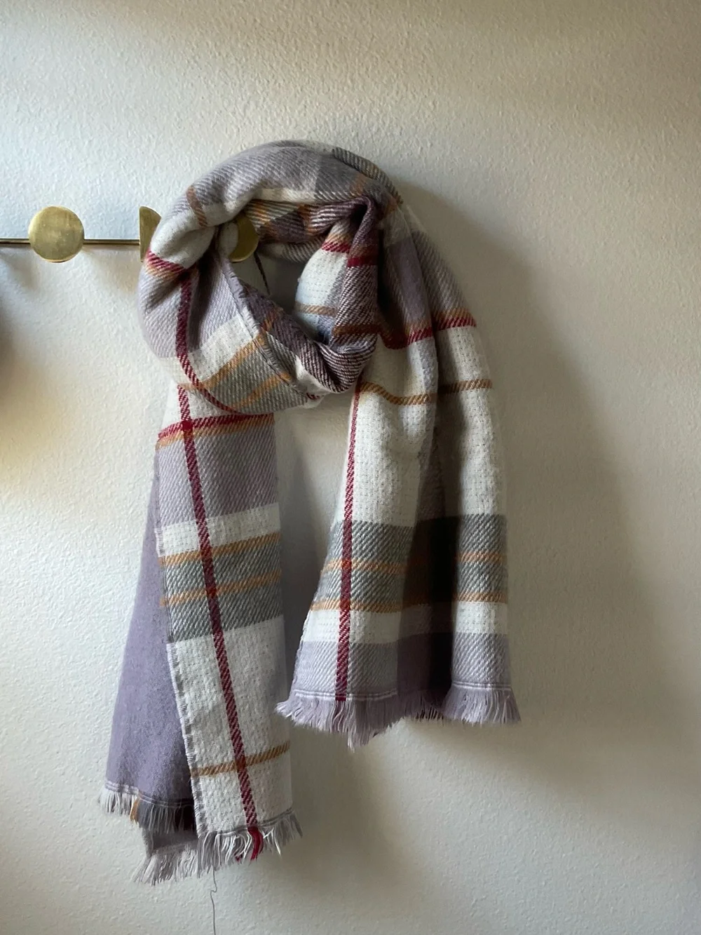 Cozy Plaid Fringe Scarf in Lavender and Cream